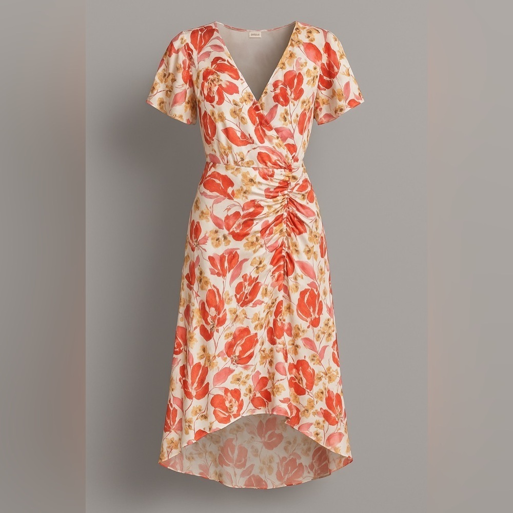 Parker 100% Silk Floral High-Low Dress —Red & Gold Bloom Print Dress EUC 2 #2060